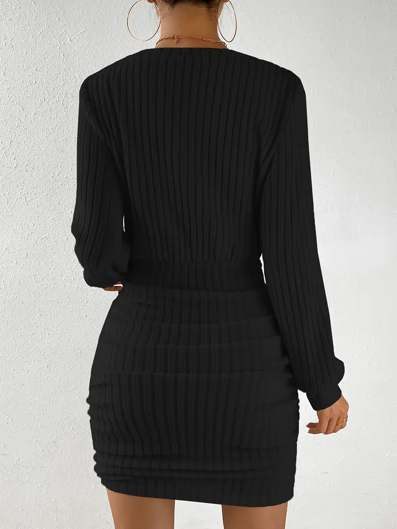 Femmes automne hiver tricoté pull Mini Robe femme décontracté solide enveloppement col en v à manches longues chaud moulante robes courtes Robe