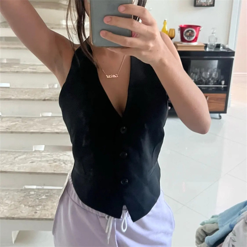 MUJER épaules dénudées gilet sans manches femmes noir blanc recadrée gilet femme mode dos nu col en V manteaux courts gilet d'été