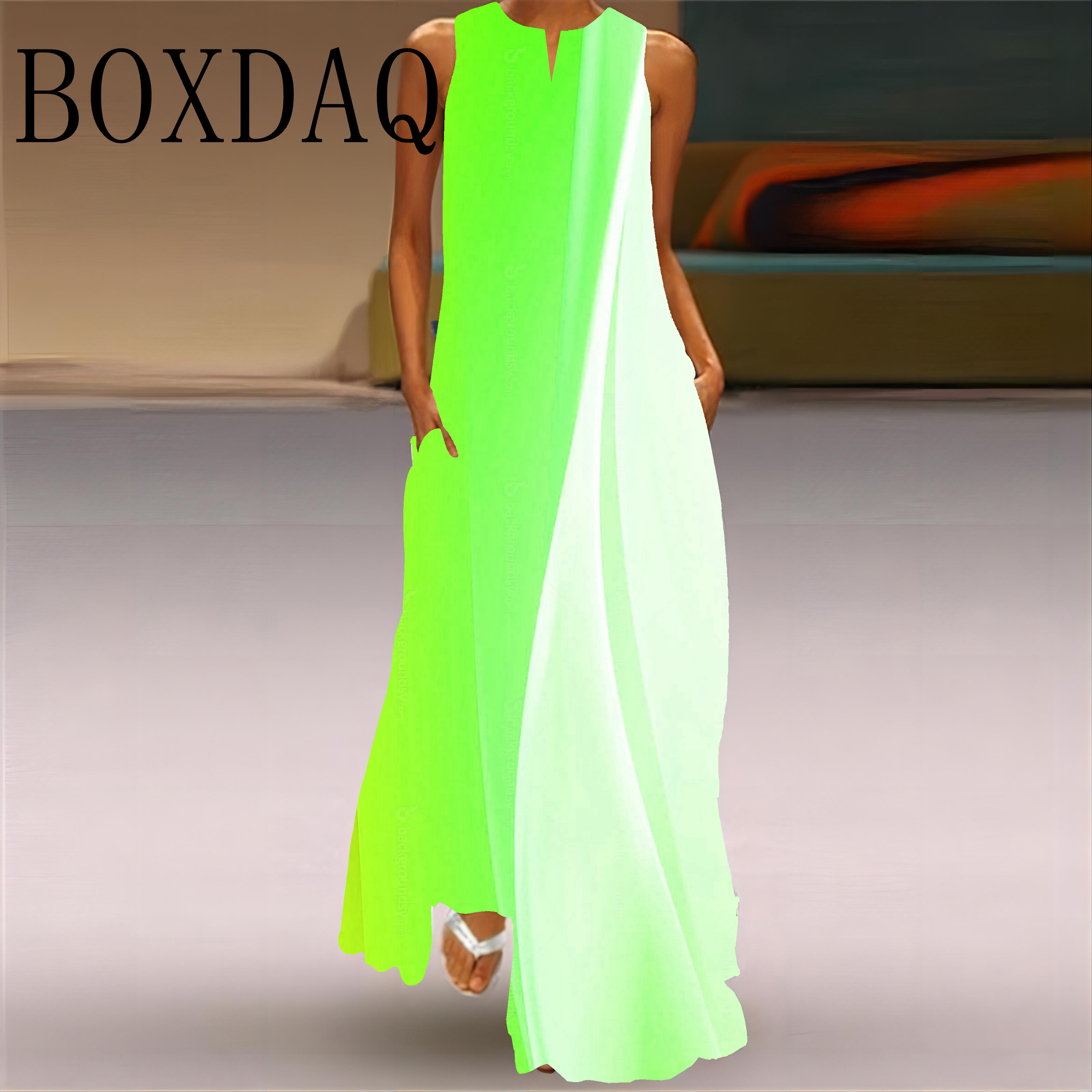 Robe Maxi à imprimé dégradé pour femmes, ample, sans manches, longue, élégante, mode dames, col en V, poches, nouvelle collection été 2025