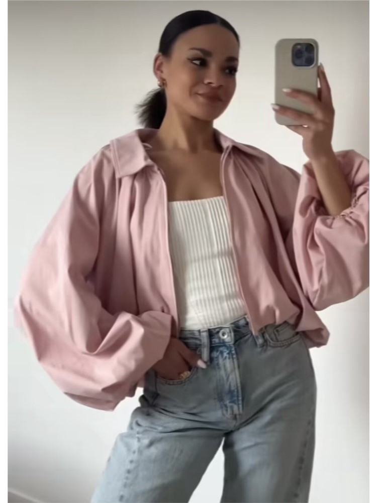 Blouson Bomber Femme Tendance Col Rabattu Manches Longues Bouffantes Ourlet Froncé Poches Fermeture Éclair Manteau Chic pour Femme