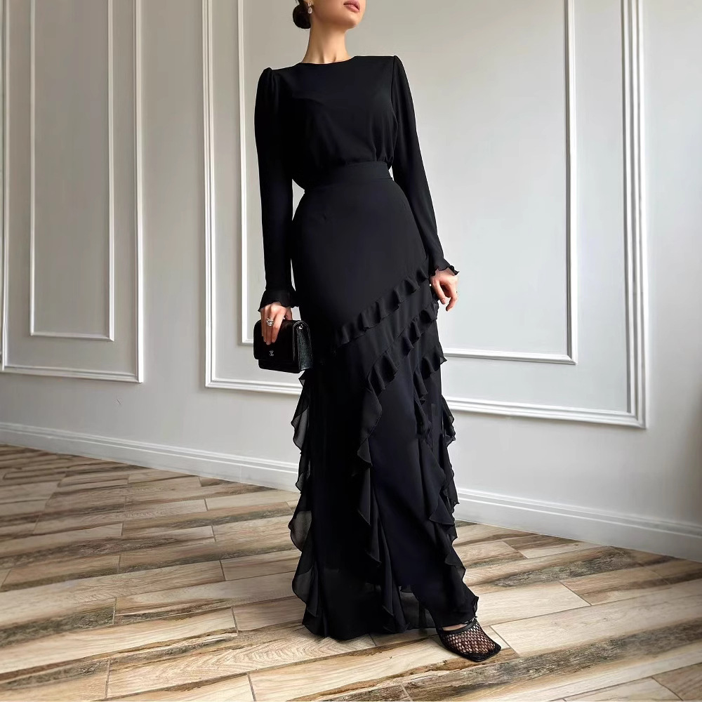 Musulman 2 pièces Ensemble femmes fête jupe haut costume volants Ramadan marocain dubaï Islam Ensemble Femme 2025 arabe longues jupes tenues