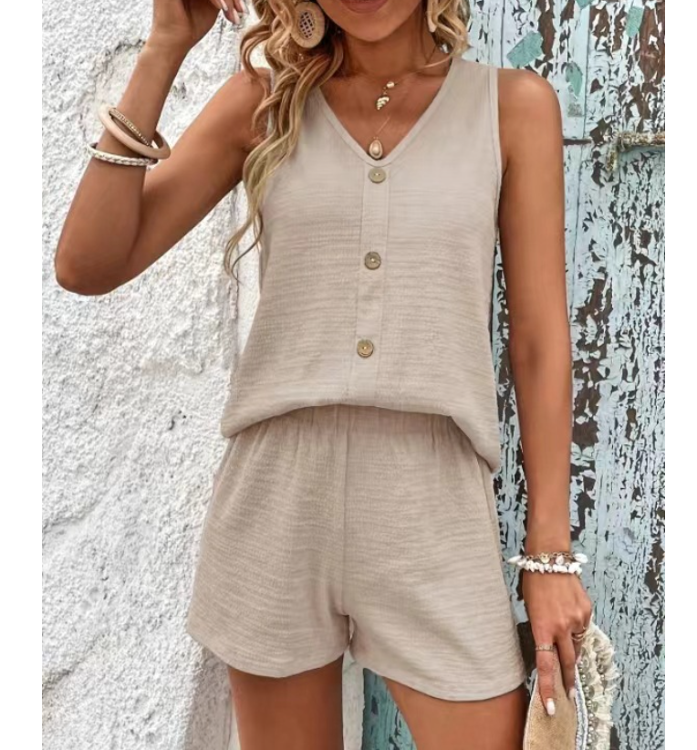Ensemble 2 pièces pour femmes, gilet et short décontracté, col en V, boutons, taille haute, jambes larges, vêtements pour femmes, nouvelle collection été