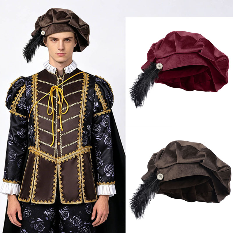 Béret unisexe tendance style médiéval vintage avec plume, chapeau Tudor en daim avec plume, casquette de ministrel, casquette Renaissance élizabéthaine