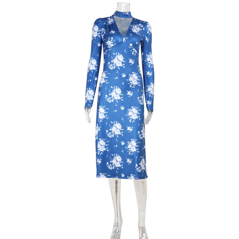 Robes imprimées pour femmes mode Sexy Streetwear col en v régulier manches longues moulante mi Robes Robes femme décontracté coupe ajustée