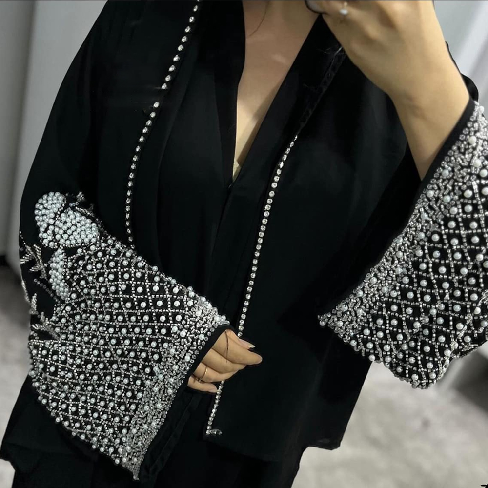 Abaya Modeste Eid Dubaï Printemps-Été pour Femme, Robe Musulmane Turquie Maroc, Kaftan Perlé Élégant de Luxe, Kimono, Ensemble Abaya et Hijab