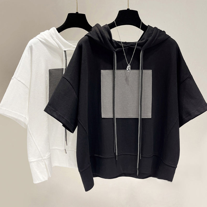 Économie à manches courtes à capuche pour femmes, streetwear décontracté, abonnés, patchwork, laçage solide, mode vintage, vêtements d'été, nouveau