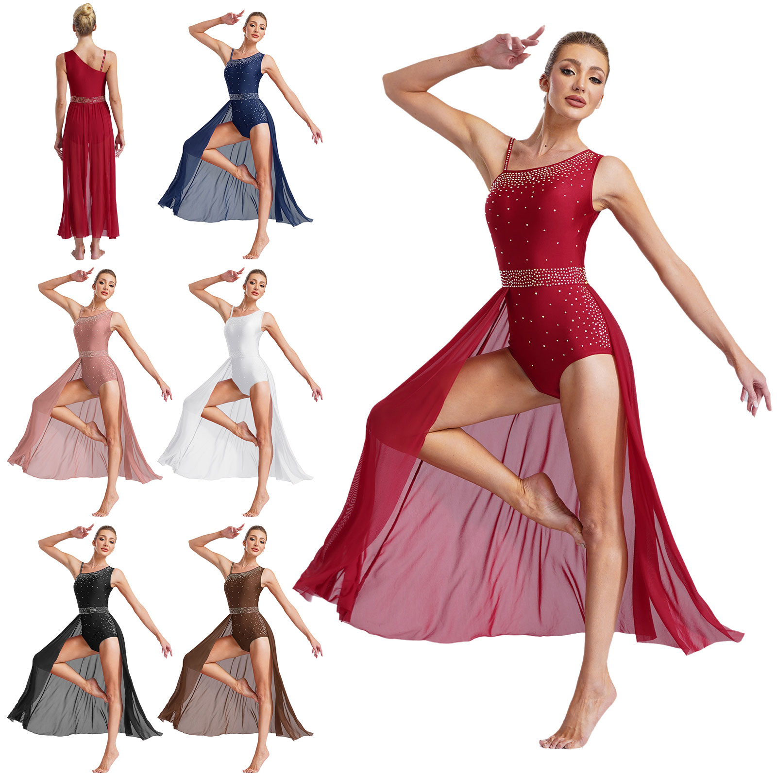 Costume de danse lyrique de Ballet pour femmes, robes justaucorps avec strass, sans manches, maille fendue, robe superposée, vêtements de danse contemporains modernes