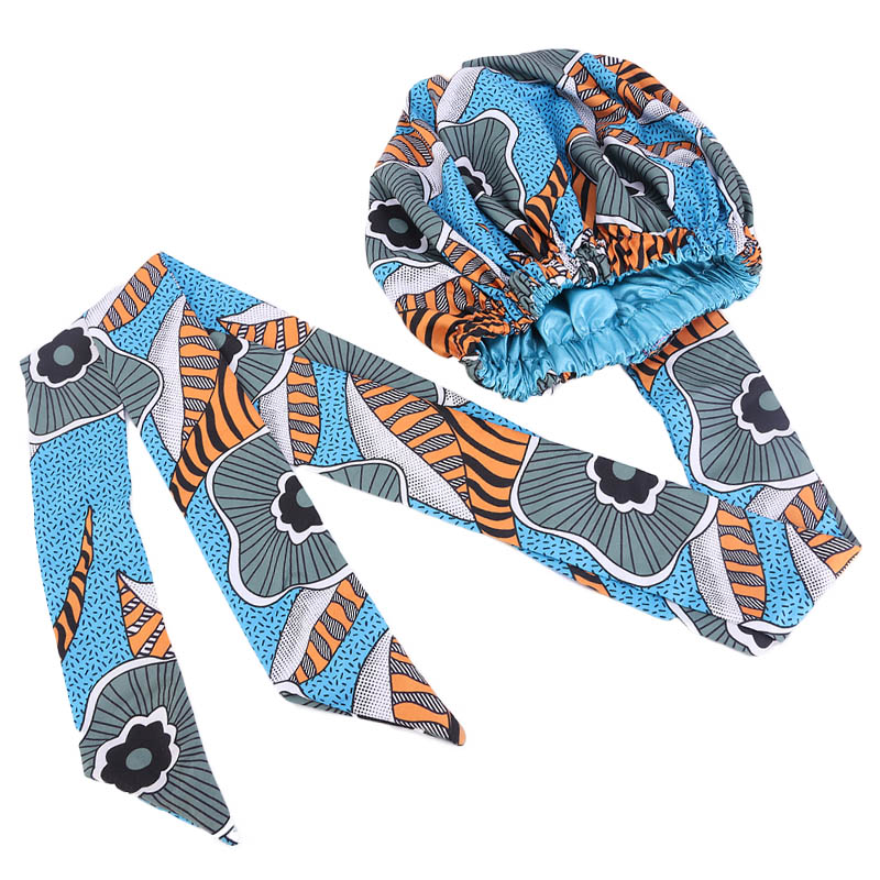 Bonnet de Nuit en Satin Imprimé à Motif Africain pour Femme, Long Ruban, Écharpe de Sauna Double Couche, Grande Taille, Couverture de Cheveux pour Adulte