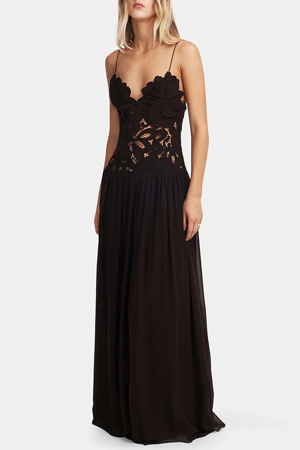 Robe femme brodée fleur Patchwork voir à travers dentelle Spaghetti sangle robes mode Sexy fête longue robes femme