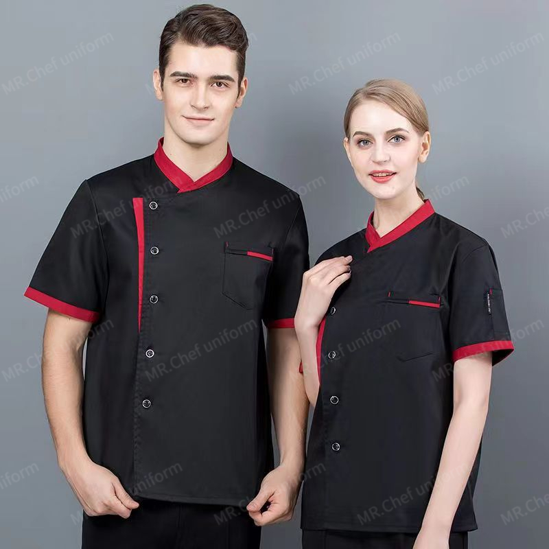 Uniforme de Chef à manches courtes, ensemble d'été pour Restaurant, hôtel, cuisine, vêtements de travail pour hommes, veste de Chef respirante, tenue tablier, manteau de chef pour femmes