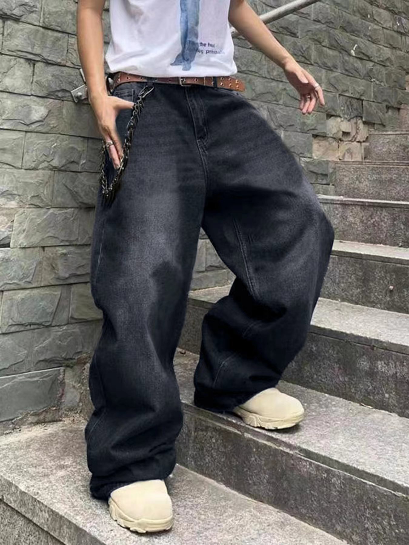Mode hommes Vintage jean droit Streetwear personnalité Hip Hop pantalon mâle jeunesse ample jambes larges Denim pantalon