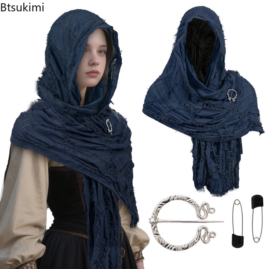Nouvelle Écharpe Châle Cape Médiévale 2026, Style Viking avec Broche, Châle à Capuche Style Mendiant, Mode Décontractée Polyvalente Streetwear