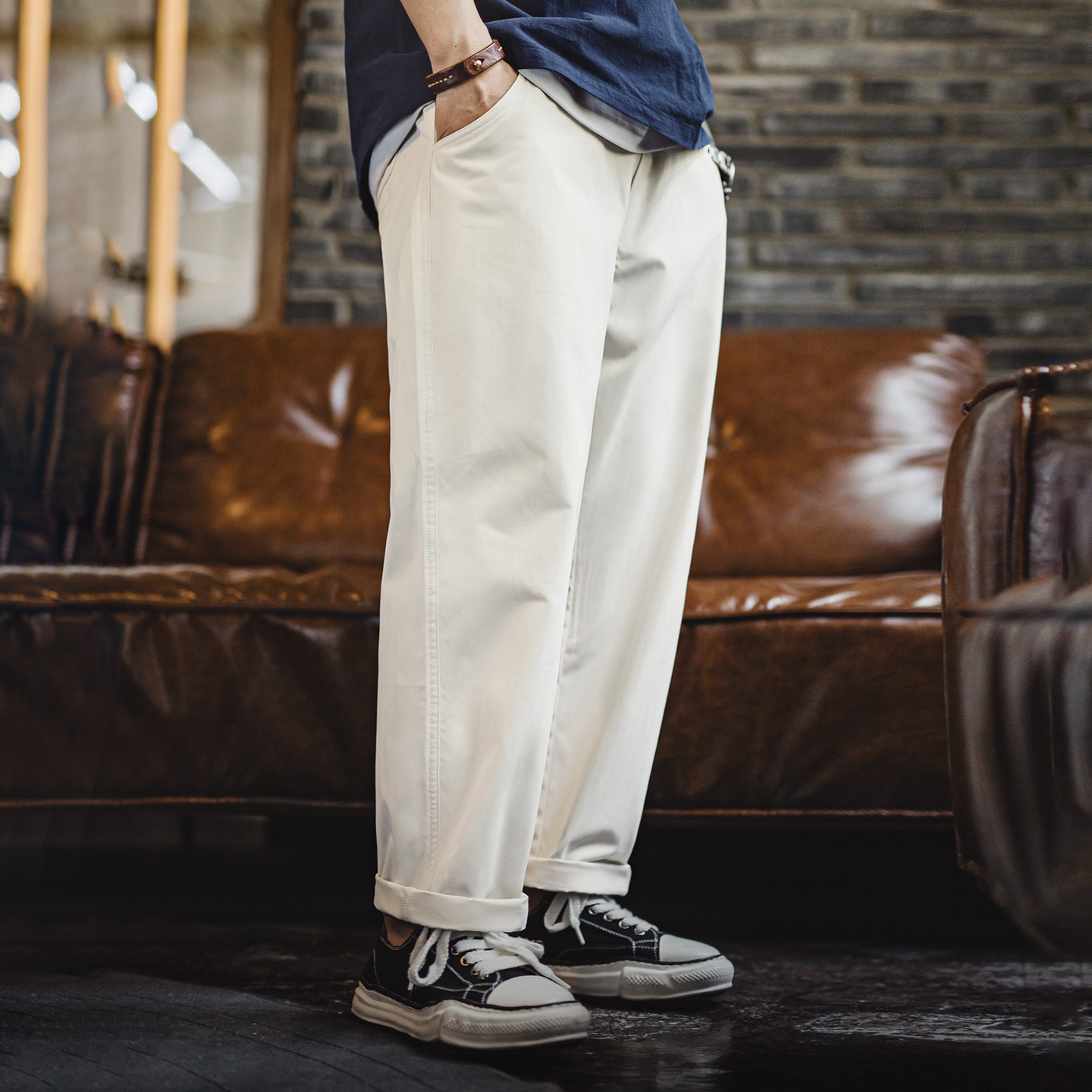 Maden Pantalon décontracté blanc pour homme, pantalon à chevrons, jambe droite, double poches arrière, coupe ample, pour le printemps et l'automne