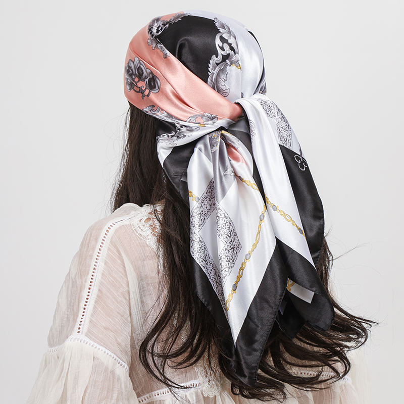 Mode Satin soie carré écharpe impression Design femmes châle et enveloppes bandeau musulman Hijab foulards bandeau de cheveux foulard 90*90 cm