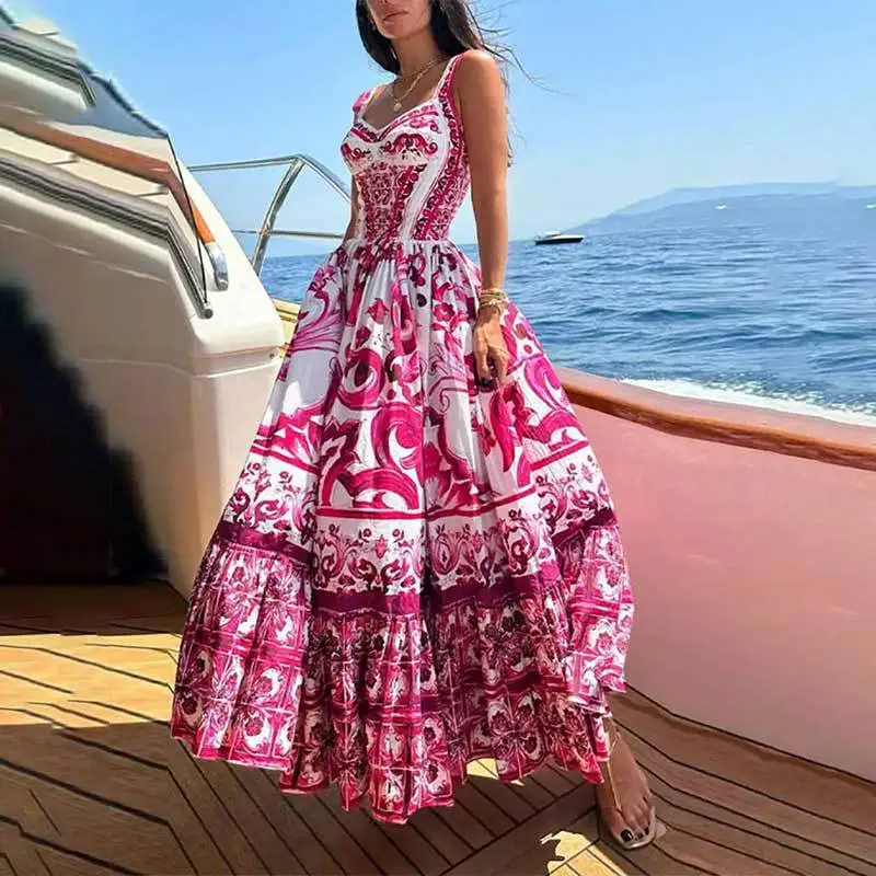 Nouvelle robe d'été pour femmes, style européen et américain, bohème, élégante, légère, luxueuse, mi-longue, imprimée, à bretelles