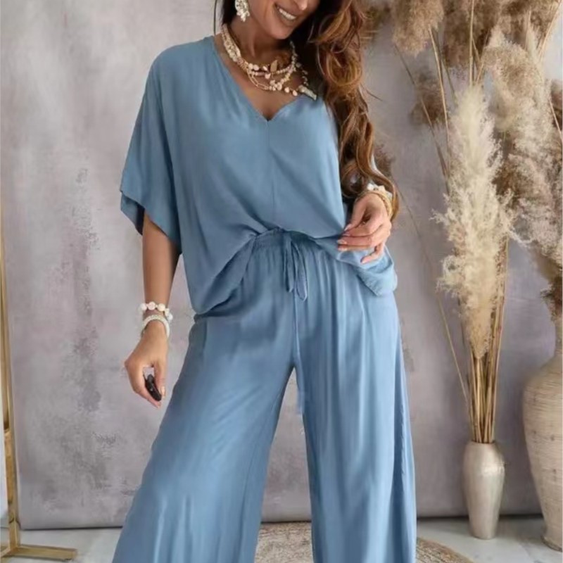 Ensembles de pantalons à jambes larges pour femmes, col en V, manches chauve-souris, tenues de maison monochromes, décontracté, été, 2024, 2 pièces
