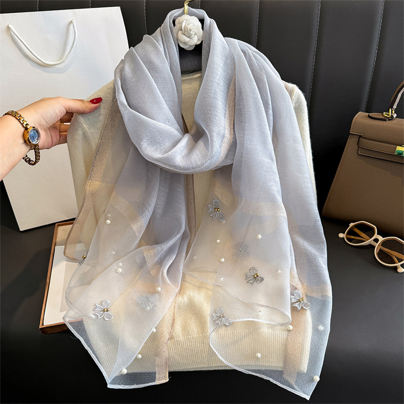 Écharpe de Luxe en Laine Brodée Florale pour Femme, Hijab, Pashmina, Long Châle de Plage, Bandana, 2024