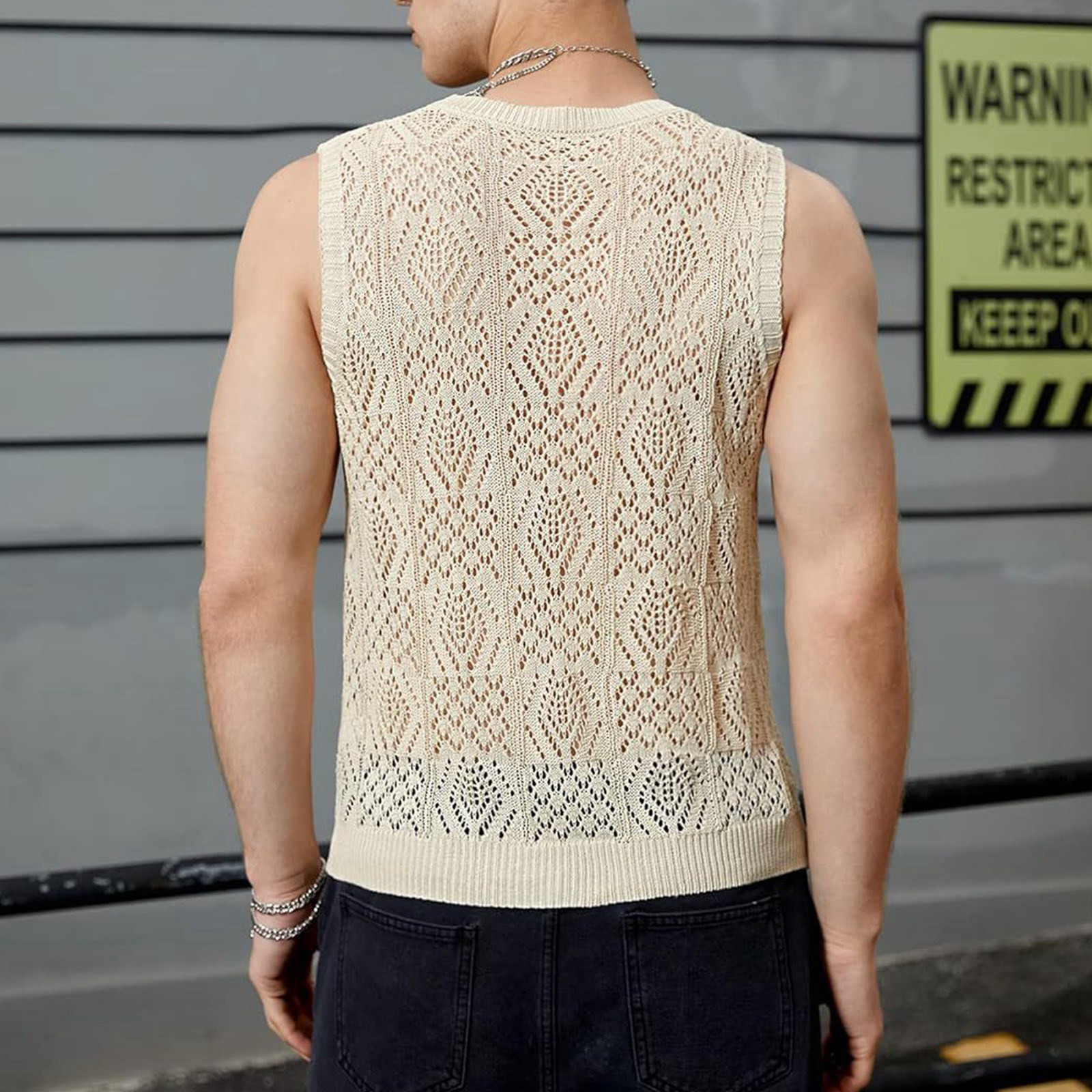 Hauts de plage pour hommes, gilet tricoté ajouré, col rond, sans manches, vêtements masculins avec dessins, Camiseta Sin Mangas Hombre