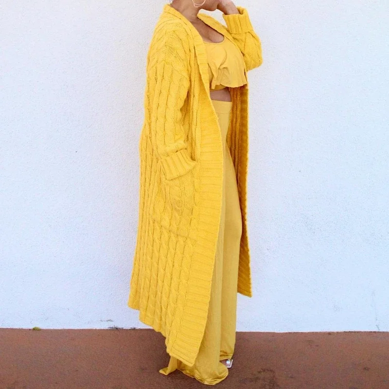 Cardigan Long pour femme, veste tricotée, vert, Crochet, ample, manches longues, pull chaud, décontracté, automne hiver