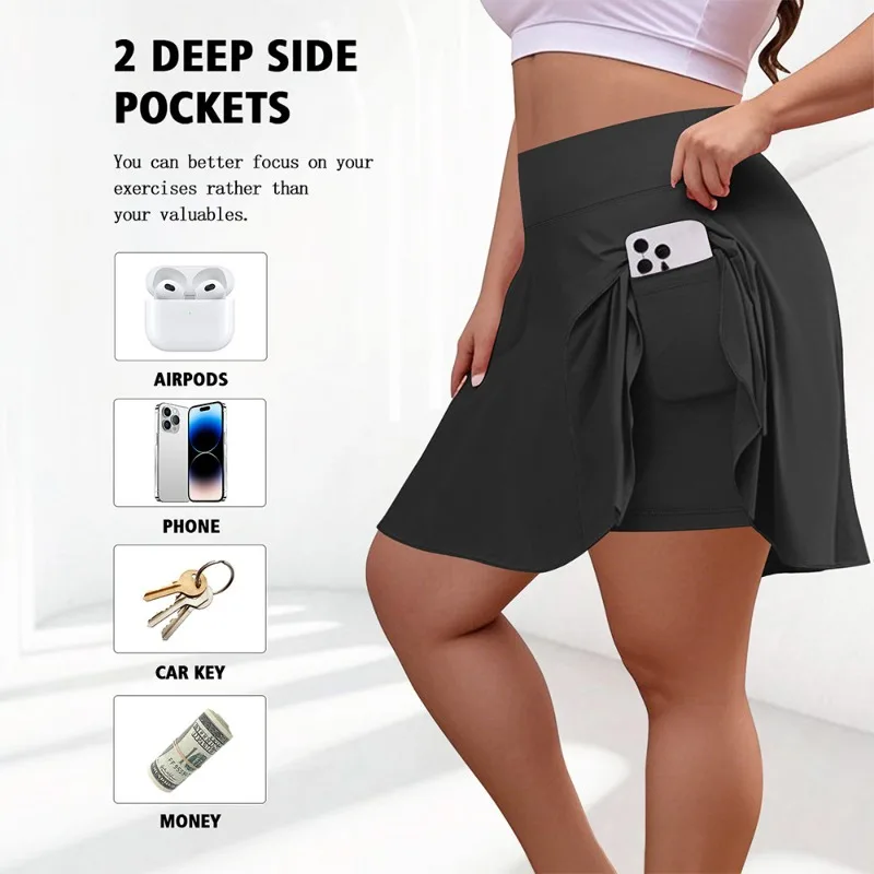 Grande taille femmes avec poche jupe courte Fitness jupe courte taille haute mode 200lbs sport jupe courte salle de sport en plein air jupe solide