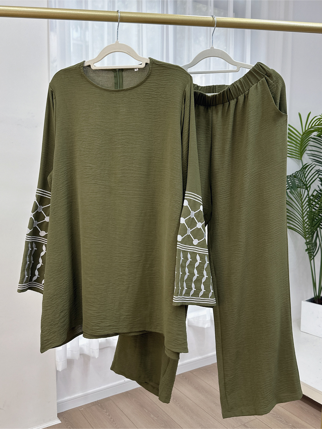 Ensemble musulman deux pièces pour femmes, chemise et pantalon, broderie trempée, chemisier, ensembles musulmans, caftan marocain, ensembles islamiques, Ramadan, Eid