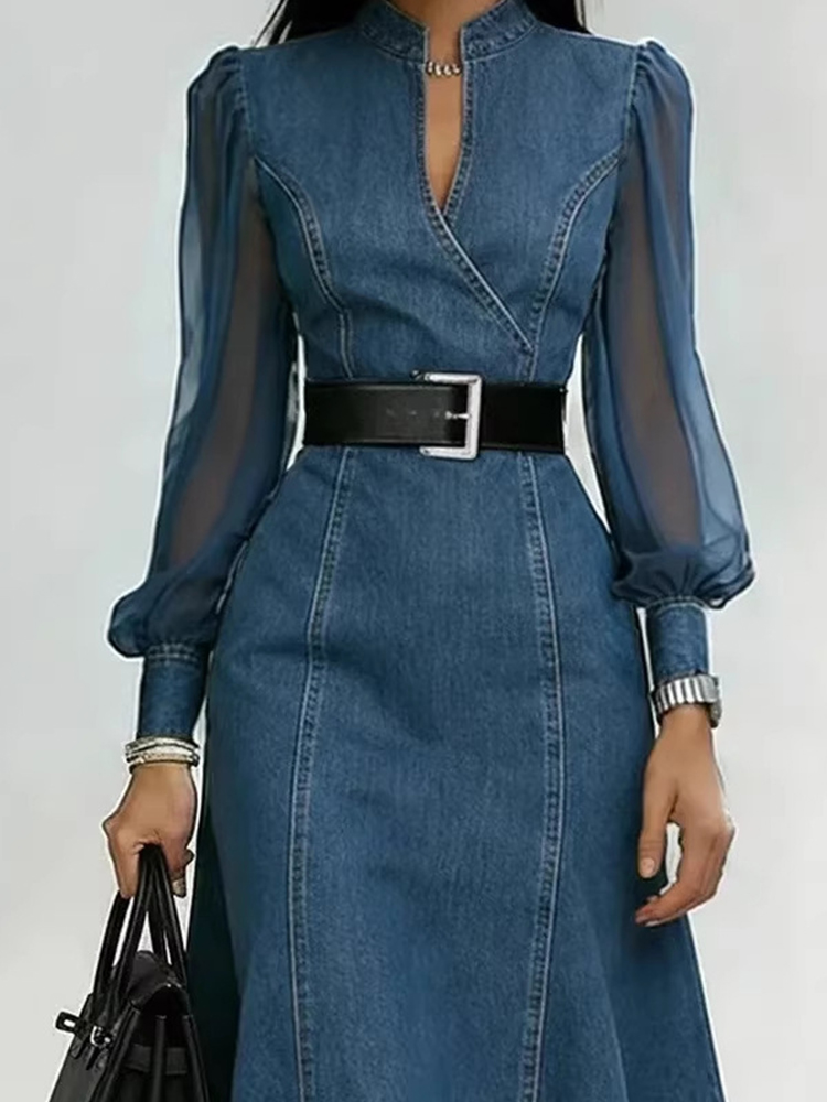 Robe longue en jean streetwear pour femme, coupe trapèze, avec manches longues bouffantes en tulle, col en V transparent, style vintage, avec ceinture
