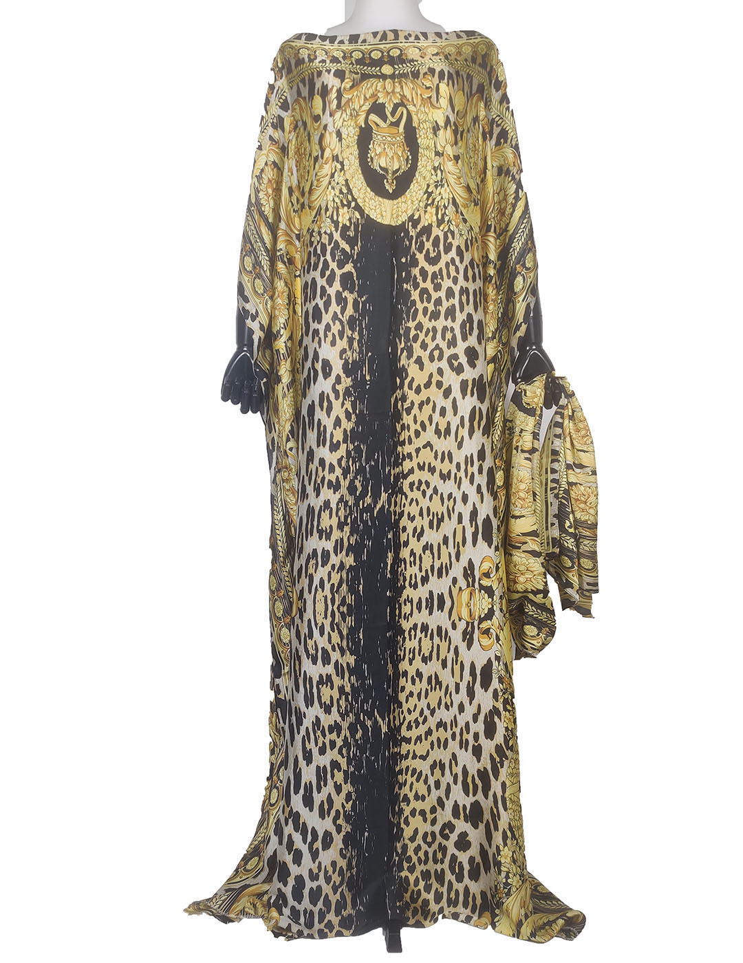 Robe Kaftan en Soie Imprimée Ramadan Plus, Vêtement Africain pour Femmes, Magnifique Robe Maxi à Col Rond et Manches Courtes avec Hijab