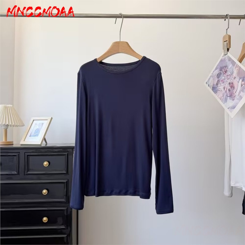 T-shirt à manches longues bleu pour femme, coupe ajustée, col rond, doux et extensible, idéal pour l'automne et le quotidien