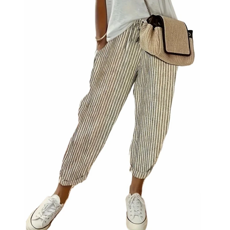 Pantalon décontracté imprimé à rayures pour femmes, grande taille 1XL-5XL, mode dames, confortable, cordon de serrage, taille élastique, pantalons décontractés