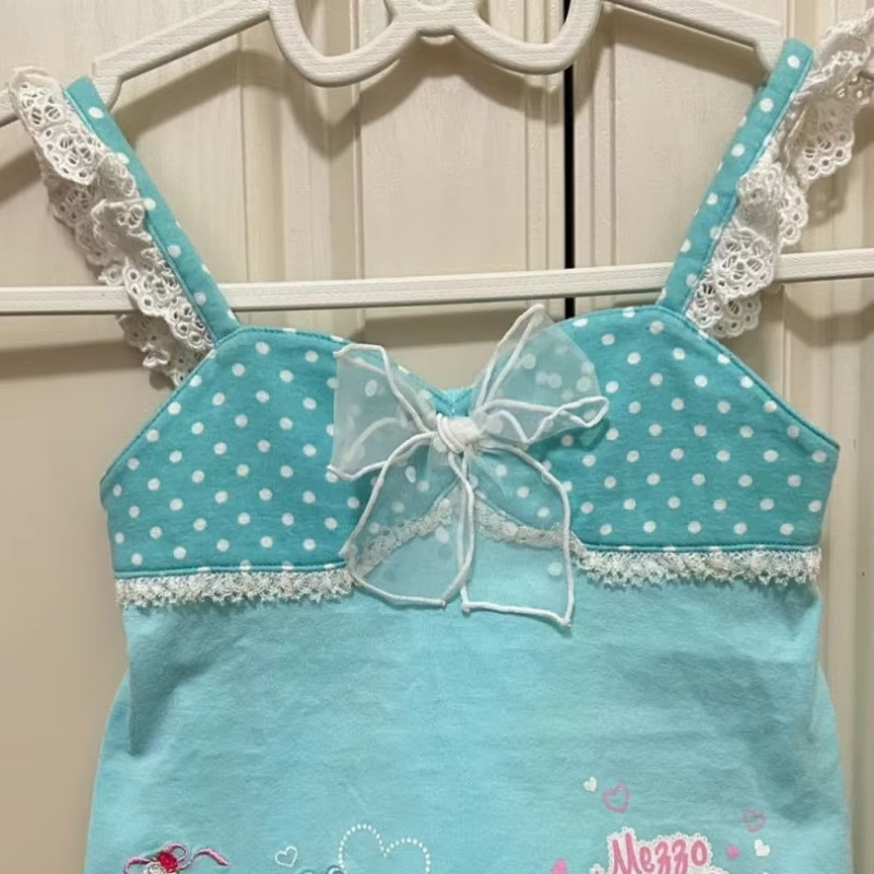 Gilet brodé de dessin animé japonais Kawaii, Y2k, esthétique, à pois, dentelle, Patchwork, Camisole douce, débardeur d'été avec nœud Grunge