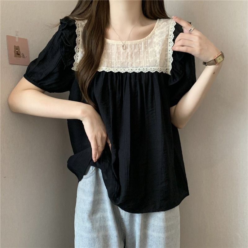 Chemisier décontracté à volants et patchwork, nouvelle collection été, manches courtes contrastantes, grande taille, style coréen, hauts tendance pour femmes