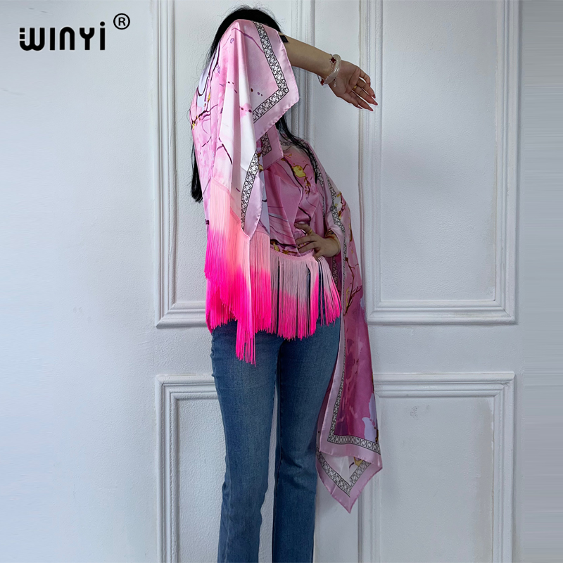 WINYI Beach Nouvelle Robe à Pompons, Robe Longue Maxi Africaine, Couvre-Bikini Imprimé Bohème d'Été, Kaftan Élégant et Tendance, Robe Sexy pour Fête et Vacances