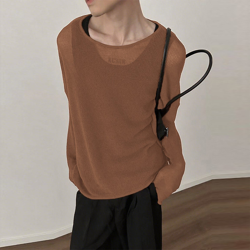 Nouvelle mode américaine hommes T-shirt Sexy transparent col rond à manches longues hauts loisirs KH évider couleur unie pulls S-2XL