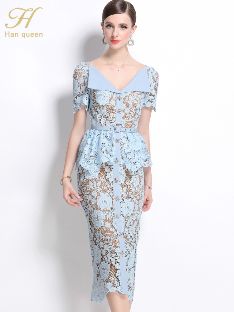 H Han Queen Robe de soirée vintage ajourée en dentelle pour femmes, manches courtes, luxueuse, à simple boutonnage, longue, pour l'été
