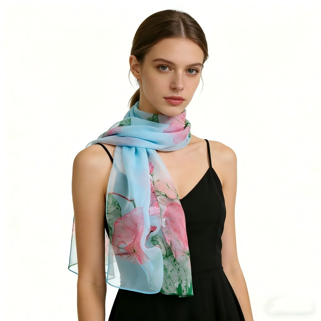 Écharpe Fleur de Lotus Prête à Offrir 160x50cm - Châle en Chiffon Délicat pour Elle, Imprimé Aquarelle Élégant, Parfait pour la Fête des Mères