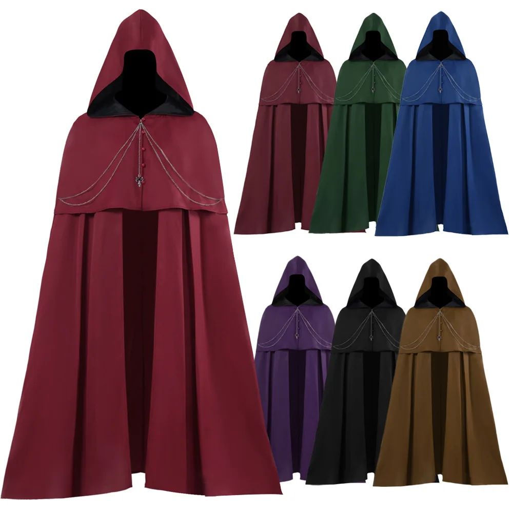 Vêtements médiévaux, cape, robe, costume steampunk, tenue gothique à capuche, costume de vampire, chevalier noir, guerrier, cosplay pour adulte