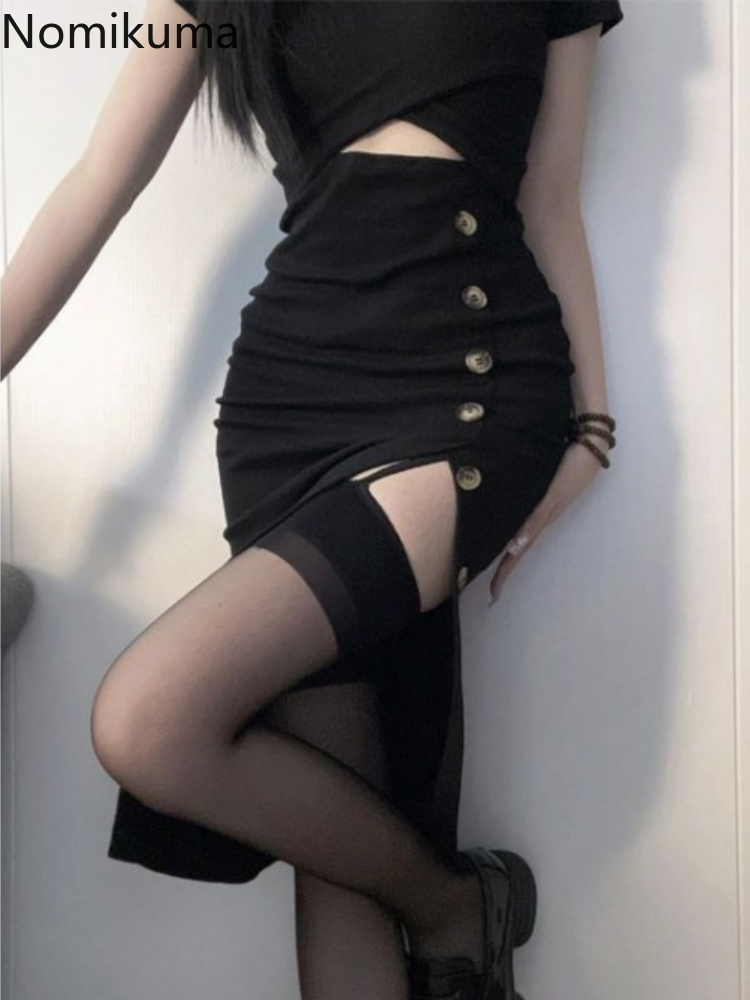 Robes noires Sexy pour femmes, manches courtes, ajouré, mode coréenne, tunique fendue, Robe d'été, 2025