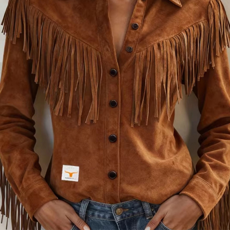 Veste Courte Femme à Col Chemise et Pompons, Manches Longues, Style Western Rétro, Simple Boutonnage, Printemps Automne, Streetwear