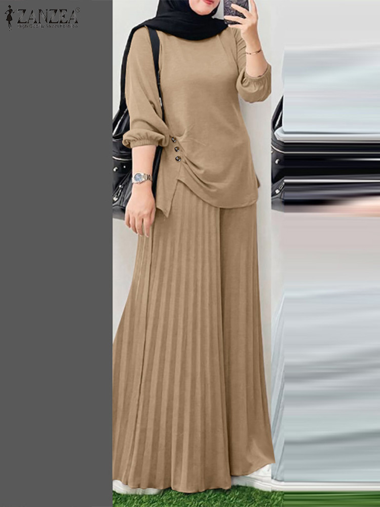 Femmes 2025 automne correspondant ensembles ZANZEA tenues musulmanes Ramadan 2 pièces ensemble décontracté à manches longues hauts pantalon costume solide survêtement