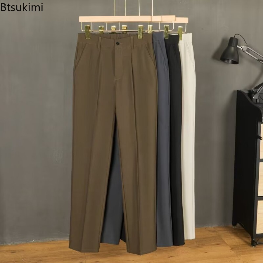 Pantalon d'été taille moyenne pour hommes, tenue décontractée, couleur unie, boutons, Slim, formel, bureau, Social, robe de soirée de mariage, costume