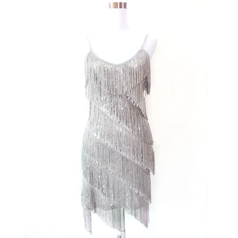 Robe Latine à Franges et Volants pour Femme, Vêtement Sexy, à Plusieurs Niveaux, Boîte de Nuit, Danse, Costumes Fantaisie, Col en C, Paillettes