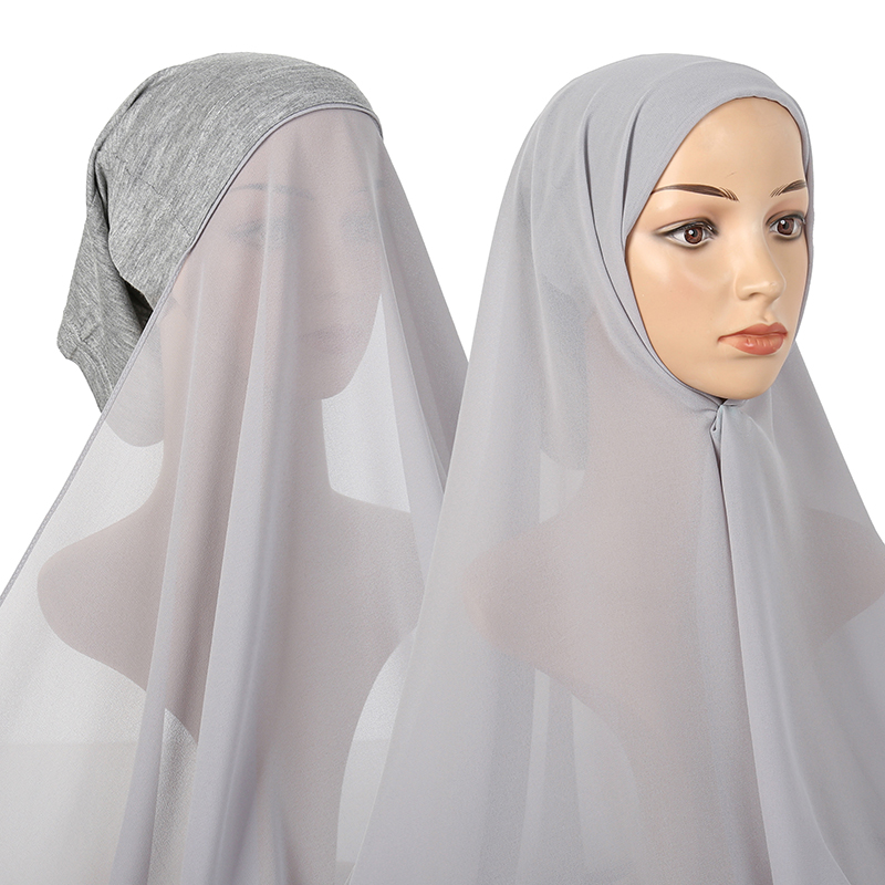 Hijab instantané en mousseline de soie, avec sous-écharpe Modal pour femme musulmane, châle en mousseline de soie de couleur unie, prêt à porter, bonnet sous-vêtement Hijab