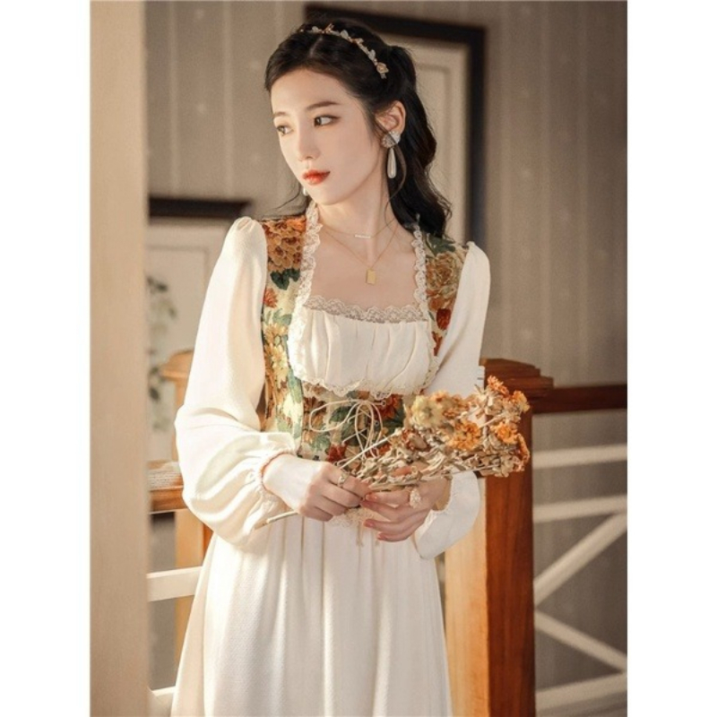 Robe corset vintage à imprimé floral pour femmes, robe midi à manches longues et col carré en dentelle, robe de soirée élégante style cottagecore