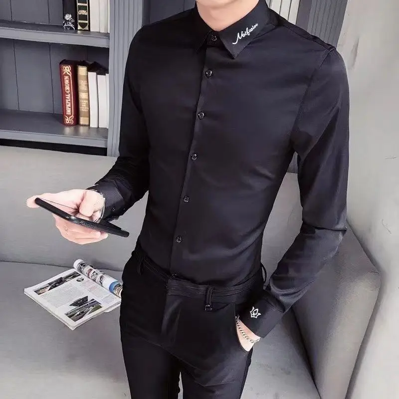 Chemise homme broderie graphique noir chemises homme créateur Social boutonné I coton avec manches mode 2025 Cool asie été