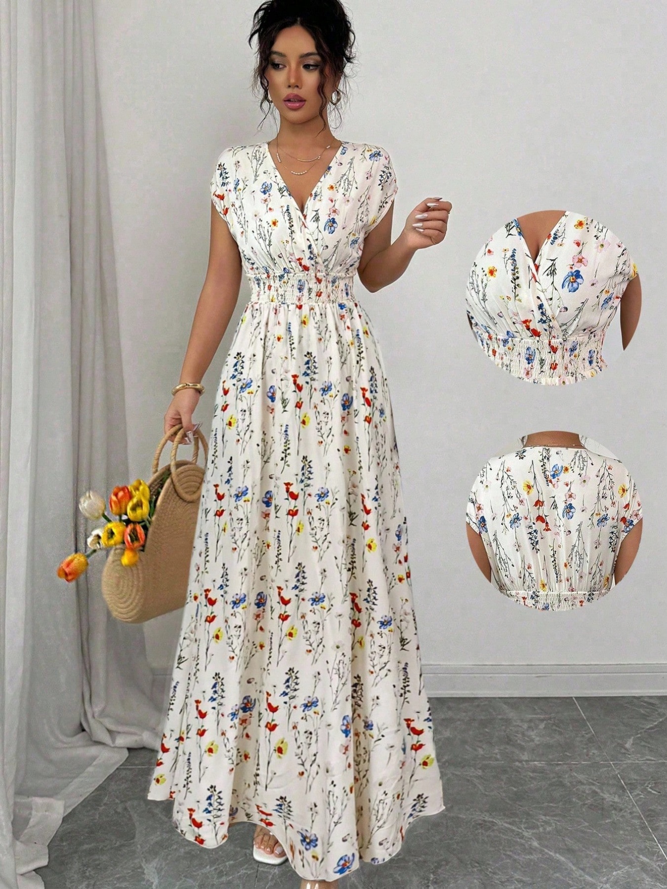 Nouvelle collection transfrontalière de vêtements pour femmes : Combinaison longue élégante à fleurs, col en V et taille cintrée, style français