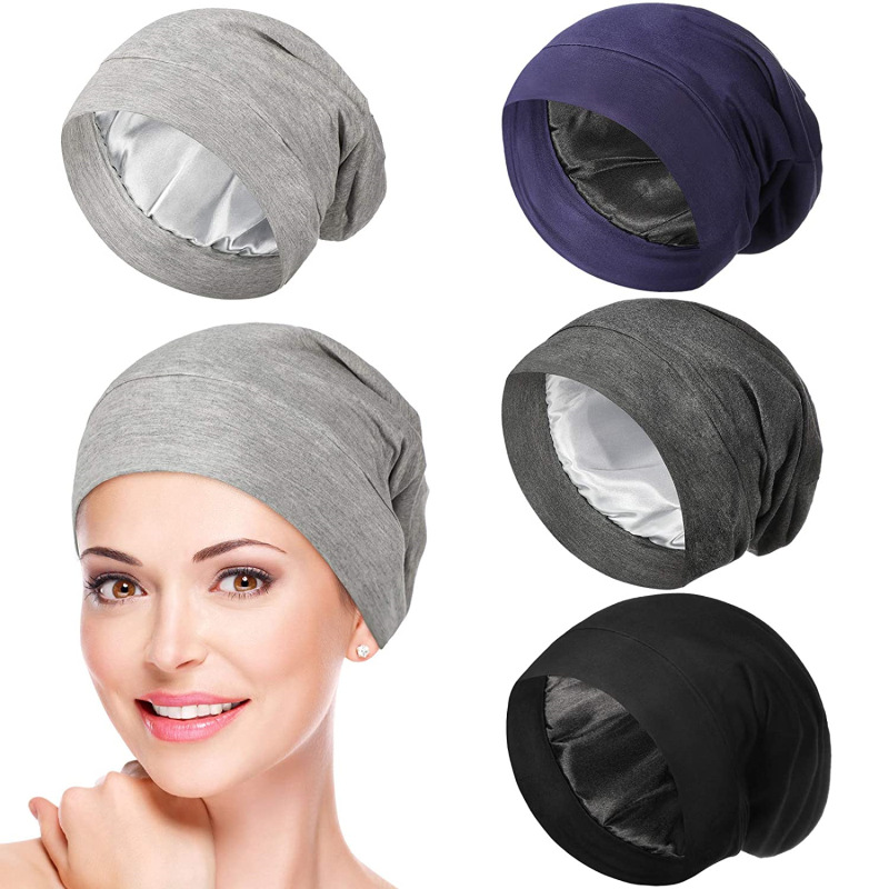 Bonnet à cheveux doublé en satin pour hommes et femmes, bonnet de nuit élastique en coton de bambou, bonnet injullies Skullies, enveloppement de sauna pour cheveux bouclés