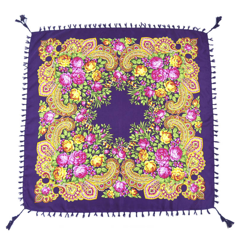 Écharpe carrée à pampilles pour femmes russes, châle imprimé floral pour dames, bande de sauna courte, cape rétro, écharpes rondes, 90x90cm, mode, YG584