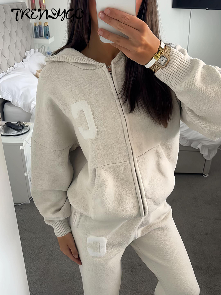 Nouveaux ensembles de pantalons tricotés pour femmes, manteaux oversize à capuche et manches longues zippées, pantalons à jambes larges, tenues amples jacquard pour femme, collection automne