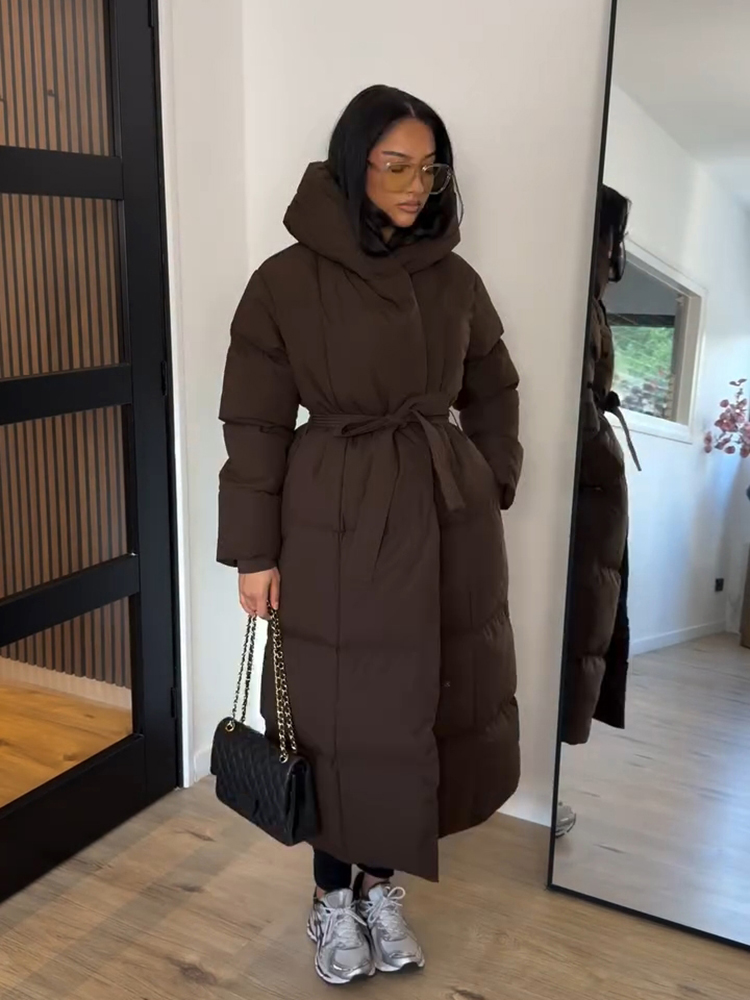 Veste Maxi en coton brillant pour femme, Chic, avec capuche, mode, manches longues, ceinture à la taille, manteau surdimensionné, vêtements d'extérieur chauds d'hiver 2025