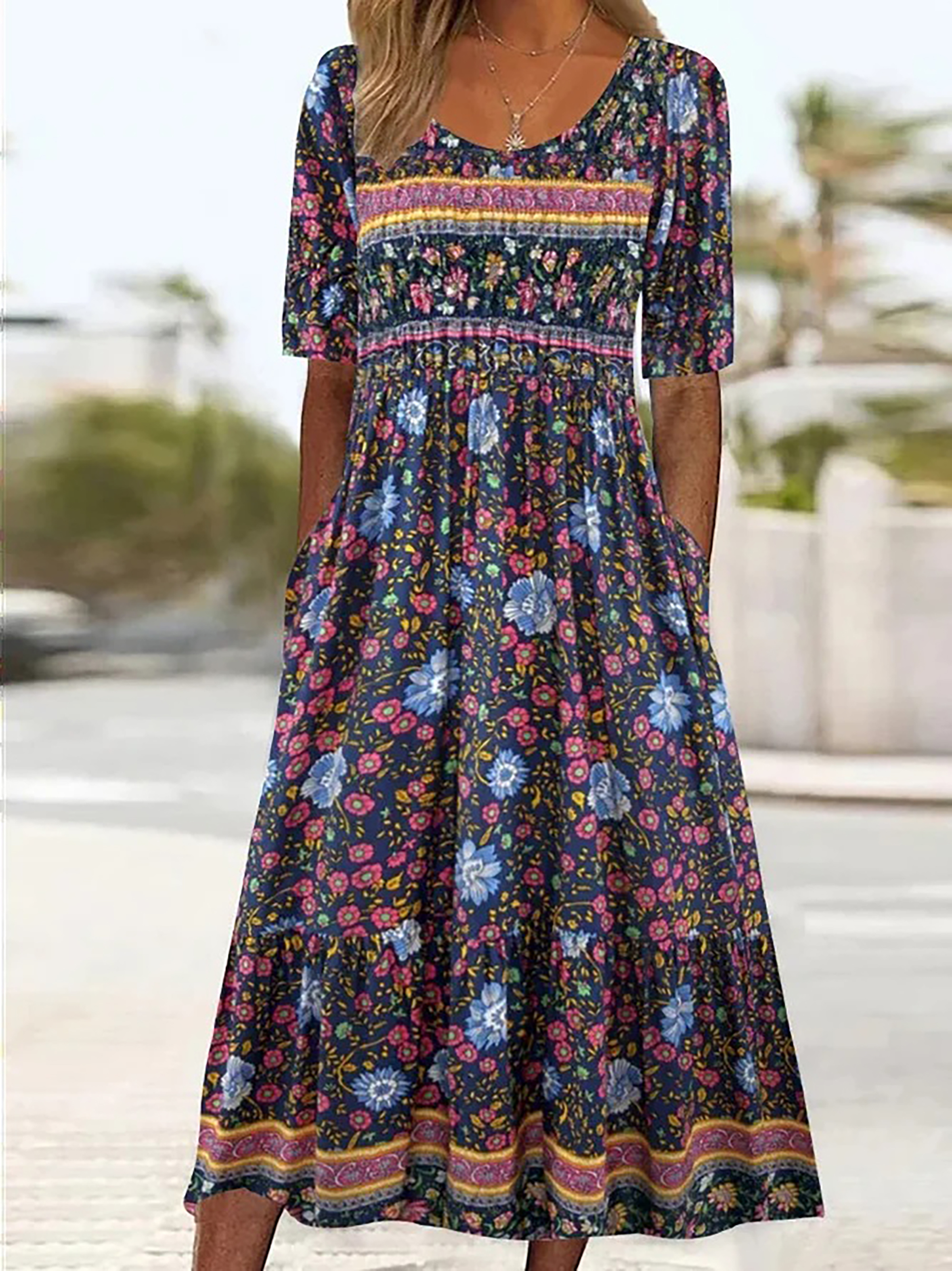 Robe longue style bohémien pour femmes, ample, mode imprimée, col rond, manches courtes, nouvelle collection été 2025